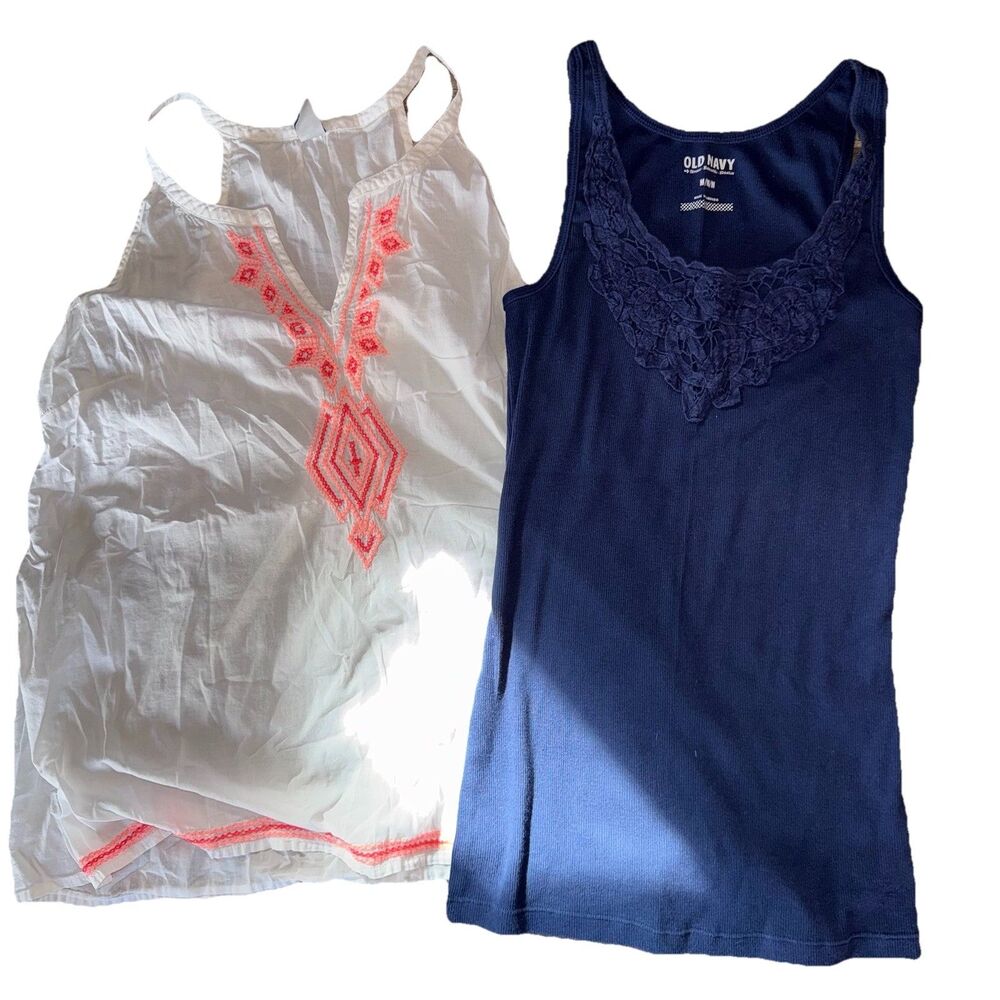 Old Navy White Pink Embroidered Front & Navy Racerback Tank Top Sleeveless Med